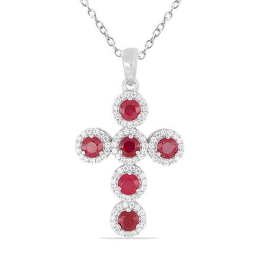 BUY NATURAL GLASS FILLED RUBY GEMSTONE CROSS PENDANT IN 925 SILVER